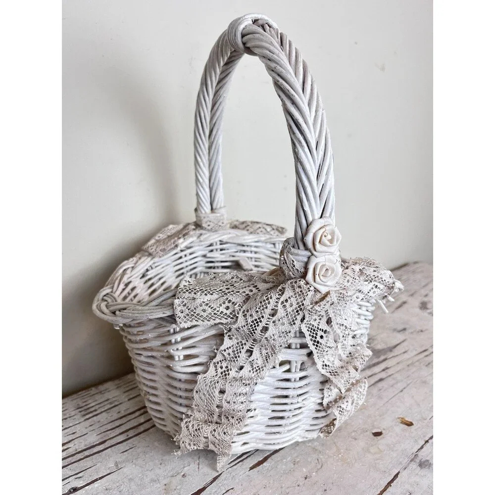 Vintage Shabby White Wicker Rosette Accent Lace Bowed Wicker Cottage Basket 13”